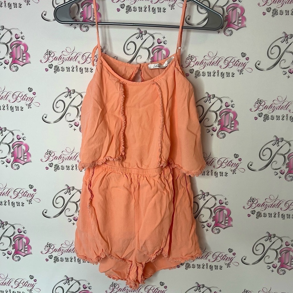 Lovers + Friends romper jumper orange distressed Coral 1 Piece open back revolve